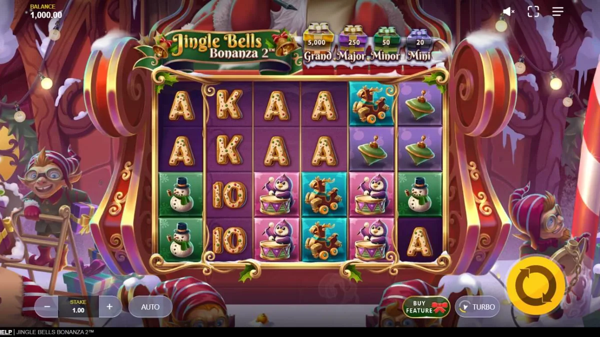 Tampilan visual slot Jingle Bells Bonanza 2 dengan latar belakang musim dingin yang meriah