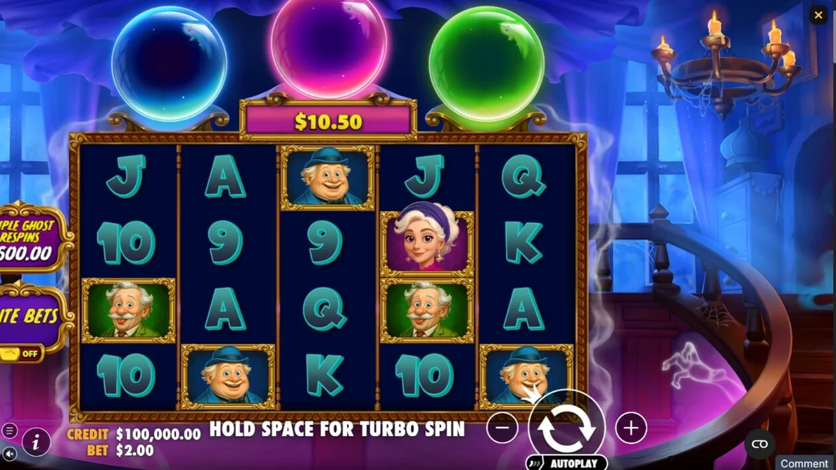 Tampilan visual slot Great Ghosts dengan tema rumah hantu kartun yang menarik