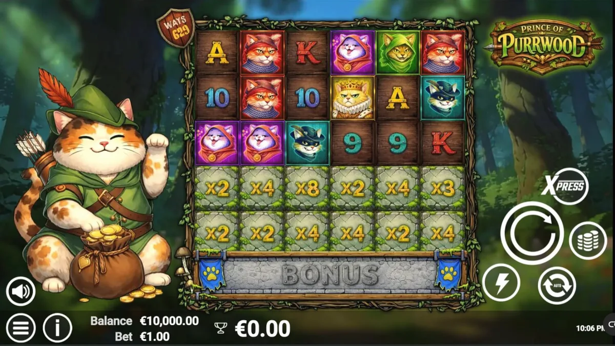 Pemandangan hutan ajaib dengan karakter kucing dalam slot Prince of Purrwood